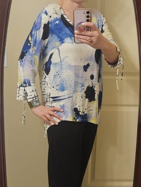 Lemon Grass NY Abstract Print Tunic Top Blue White Yellow 3/4 Sleeve Tie Cuff Si